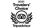 The image shows the 2021 Travelers' Choice award logo from Tripadvisor, featuring an owl inside a circle with laurel leaves on either side.