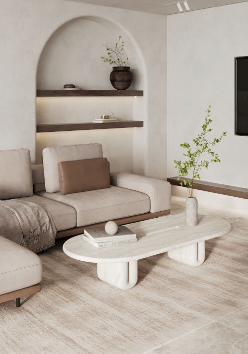A minimalist living room with a sectional sofa, coffee table, wall shelves with decor, a vase with branches, and a neutral color palette, wood floor ends the sentence.