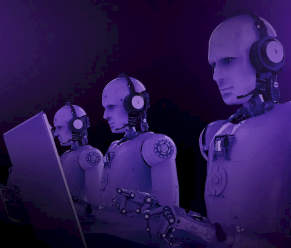 Three humanoid robots wearing headsets are seated in front of laptops, suggesting a futuristic customer service scenario, tinted in purple.